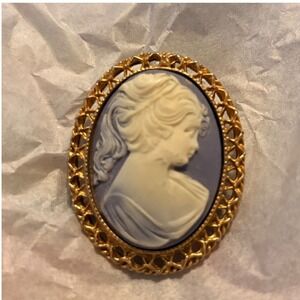 Vintage Style Blue Cameo Brooch Pendant Gold Tone Filigree Oval Portrait Pin